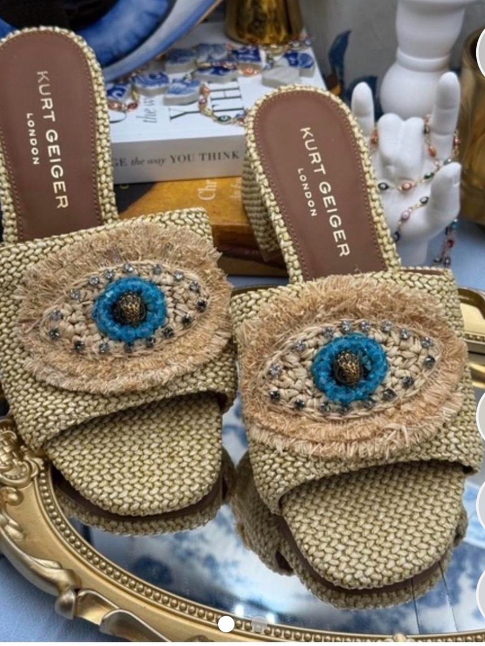 Kurt Geiger Natural Raffia Slide Sandals with Turquoise Embellishment